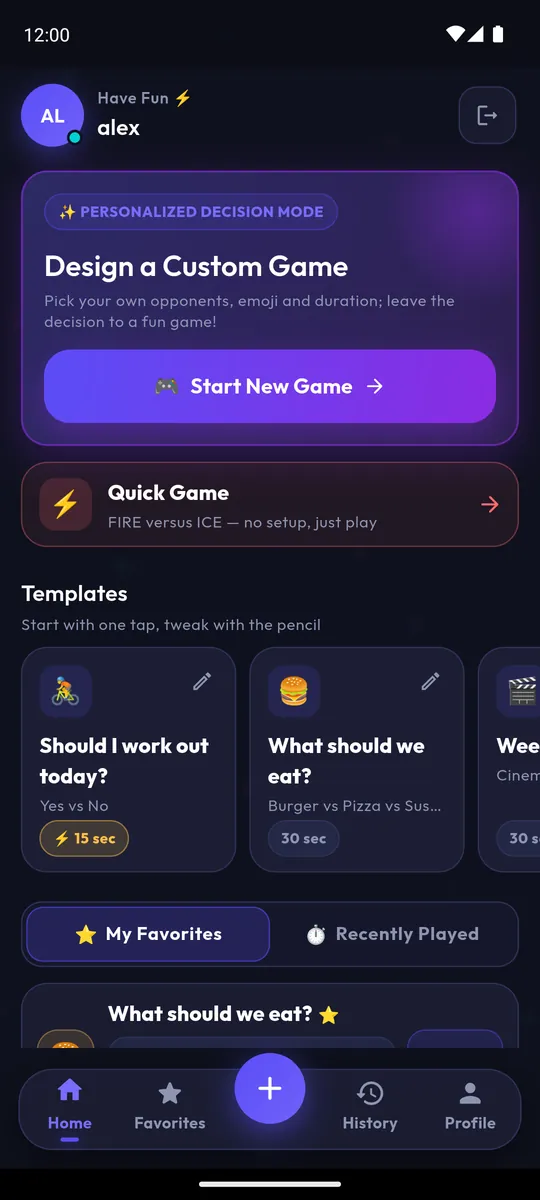 Home screen: custom game, Quick Game and templates