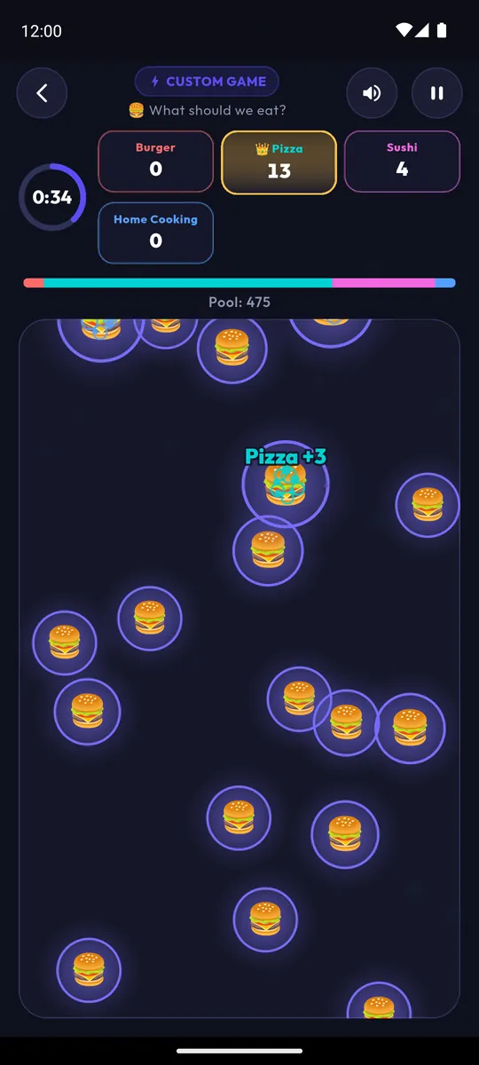 Game screen: floating burgers pop, Pizza leads the scoreboard