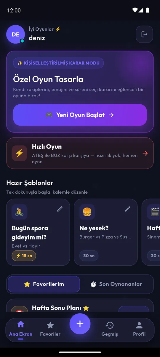 Ana ekran: özel oyun, Hızlı Oyun ve hazır şablonlar